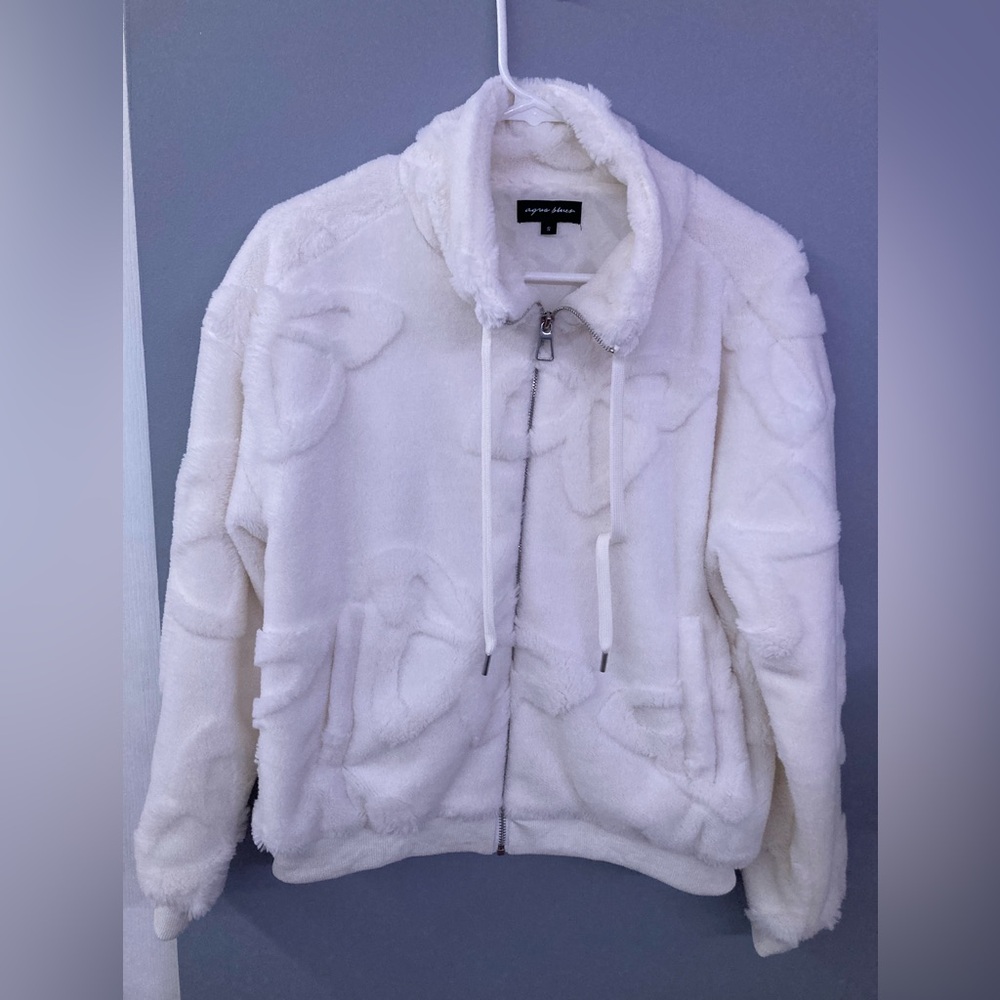 Aqua Blue White Fleece Jacket with Butterflies.